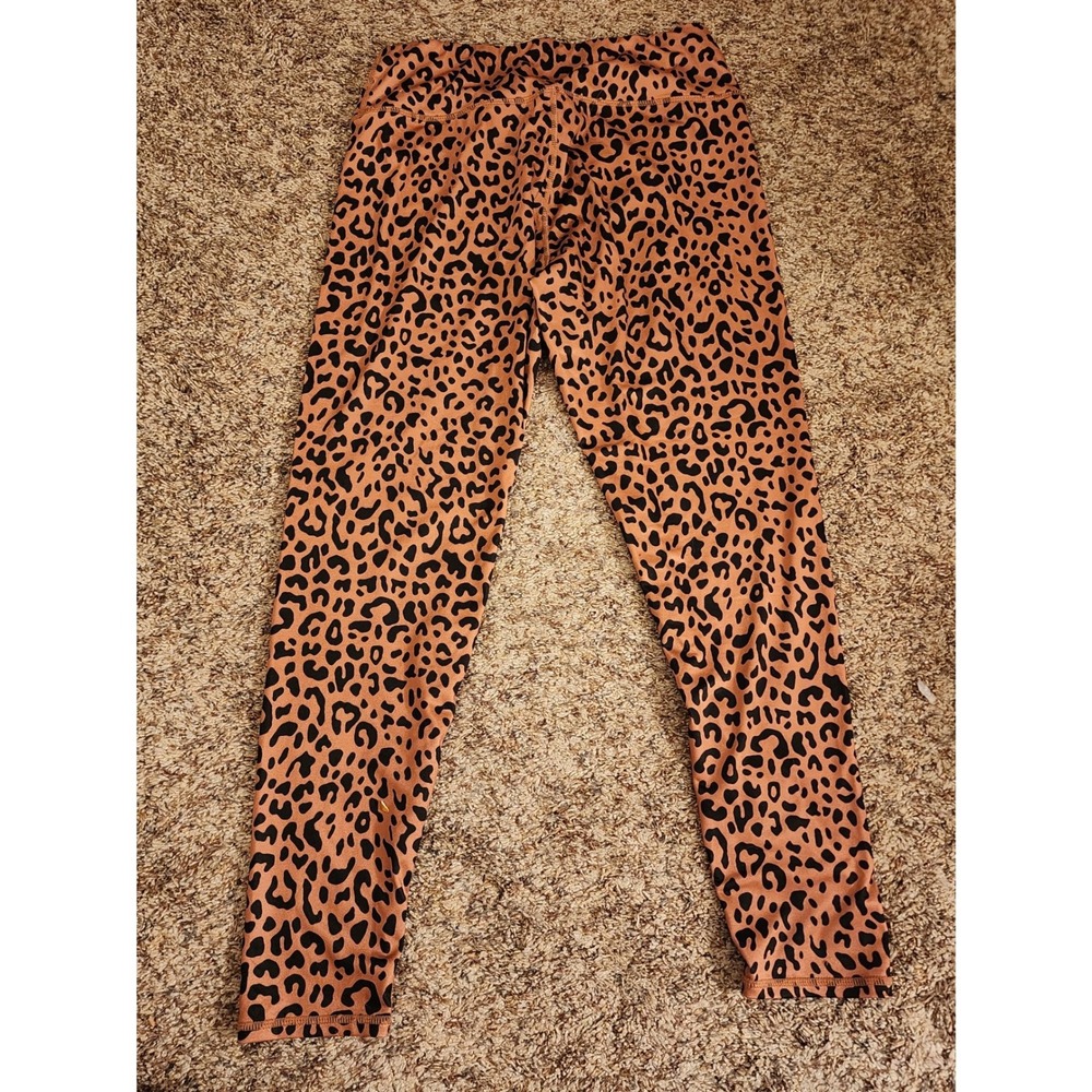 Leopard Print High Waist Leggings XL Tan Black Nylon Spandex Athletic - Picture 3 of 6